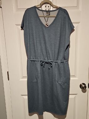 Casual V-Neck Drawstring Midi Dress - Slate Blue